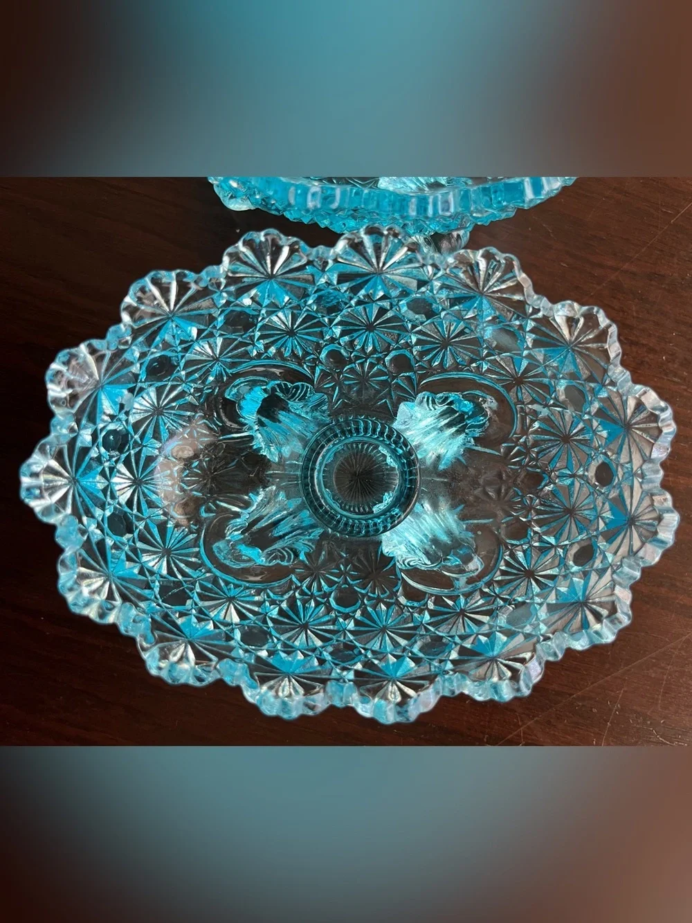 Set of 2 L.G. Wright Blue Daisy & Button Footed Dishes w/ candle holder centers